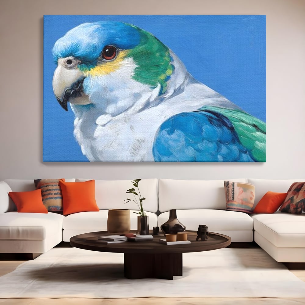 Tablou canvas cu tablou canvas cu portret de papagal, fara rama, pe sasiu de lemn, pe perete intr-un living